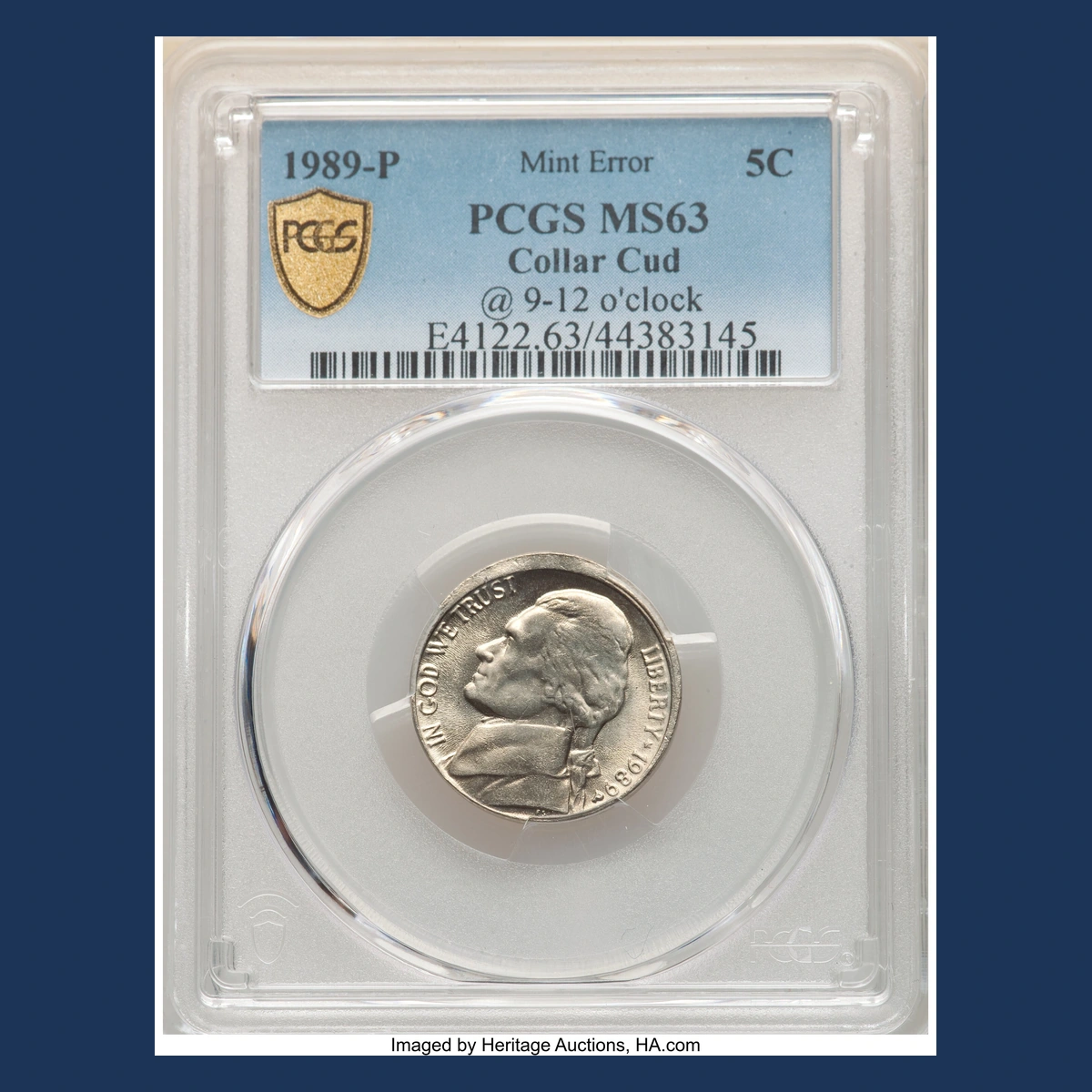 1989 Jefferson Nickel: Collar die break