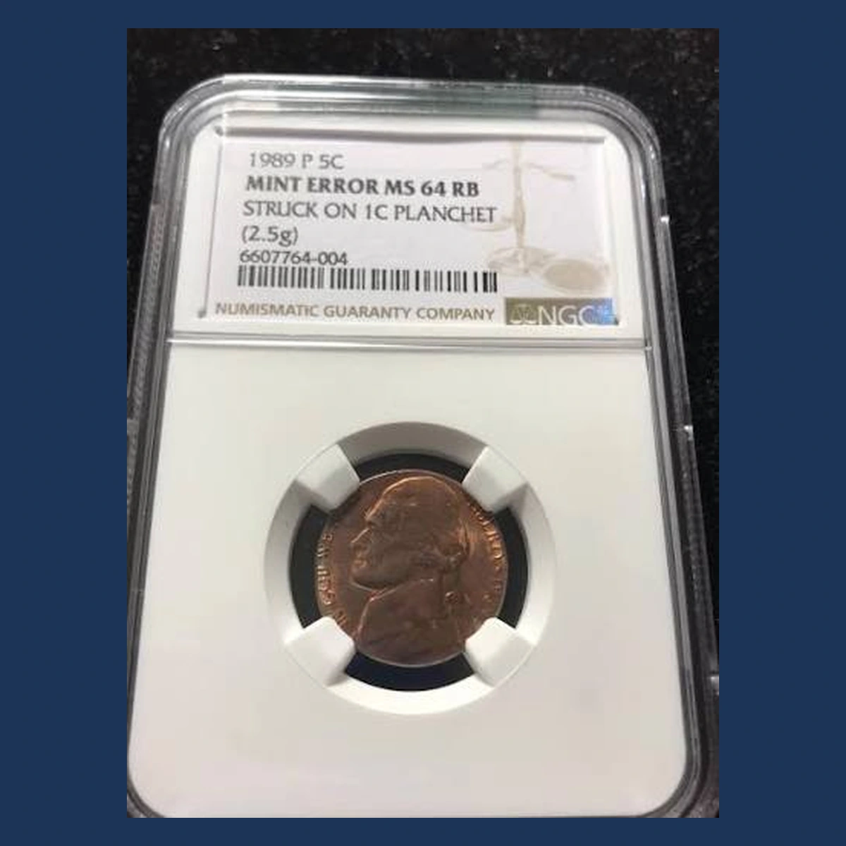 1989 Jefferson Nickel: Struck on cent planchet