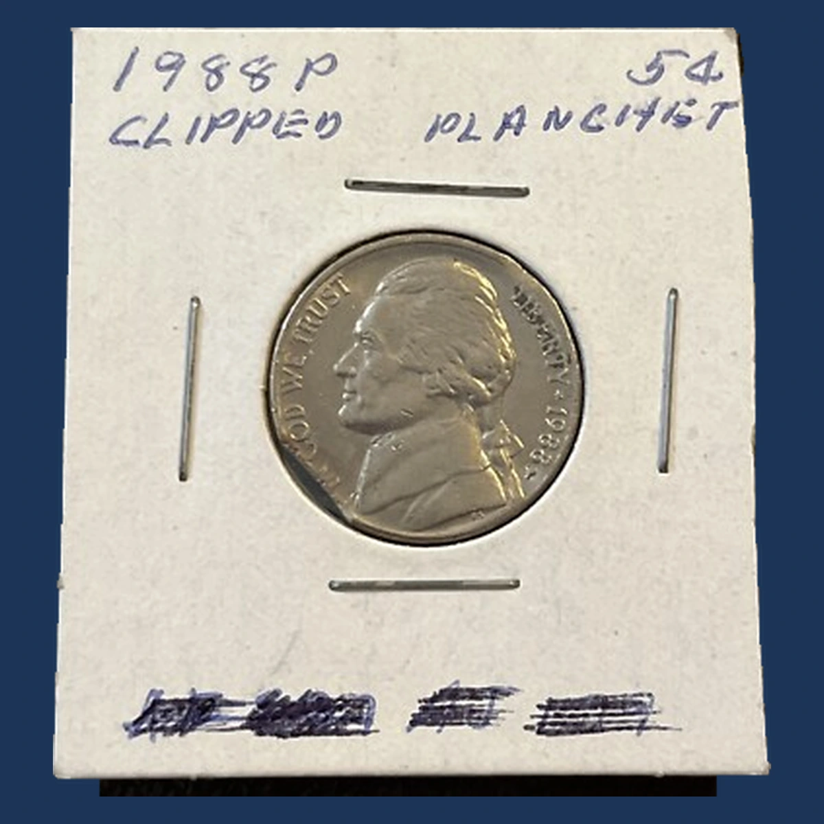 1988 Jefferson Nickel: Curved clip