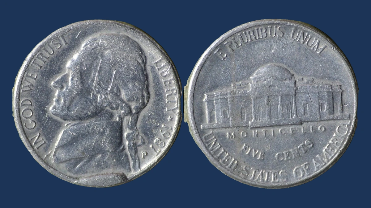 1987 Jefferson Nickel: Cud die break