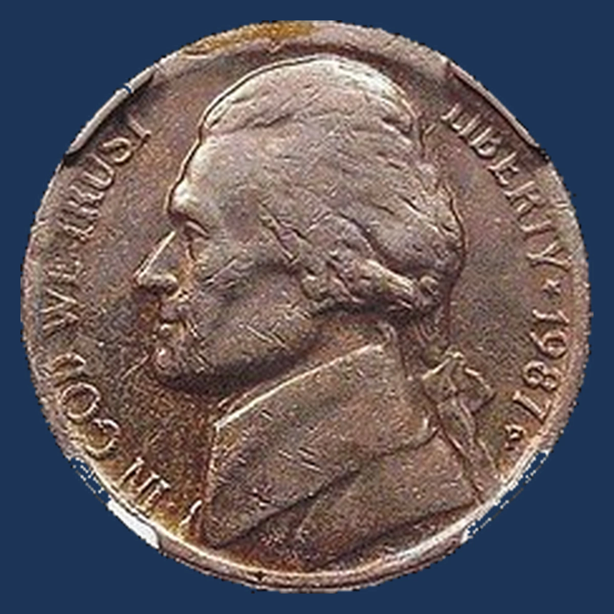 1987 Jefferson Nickel: Struck on clad stock