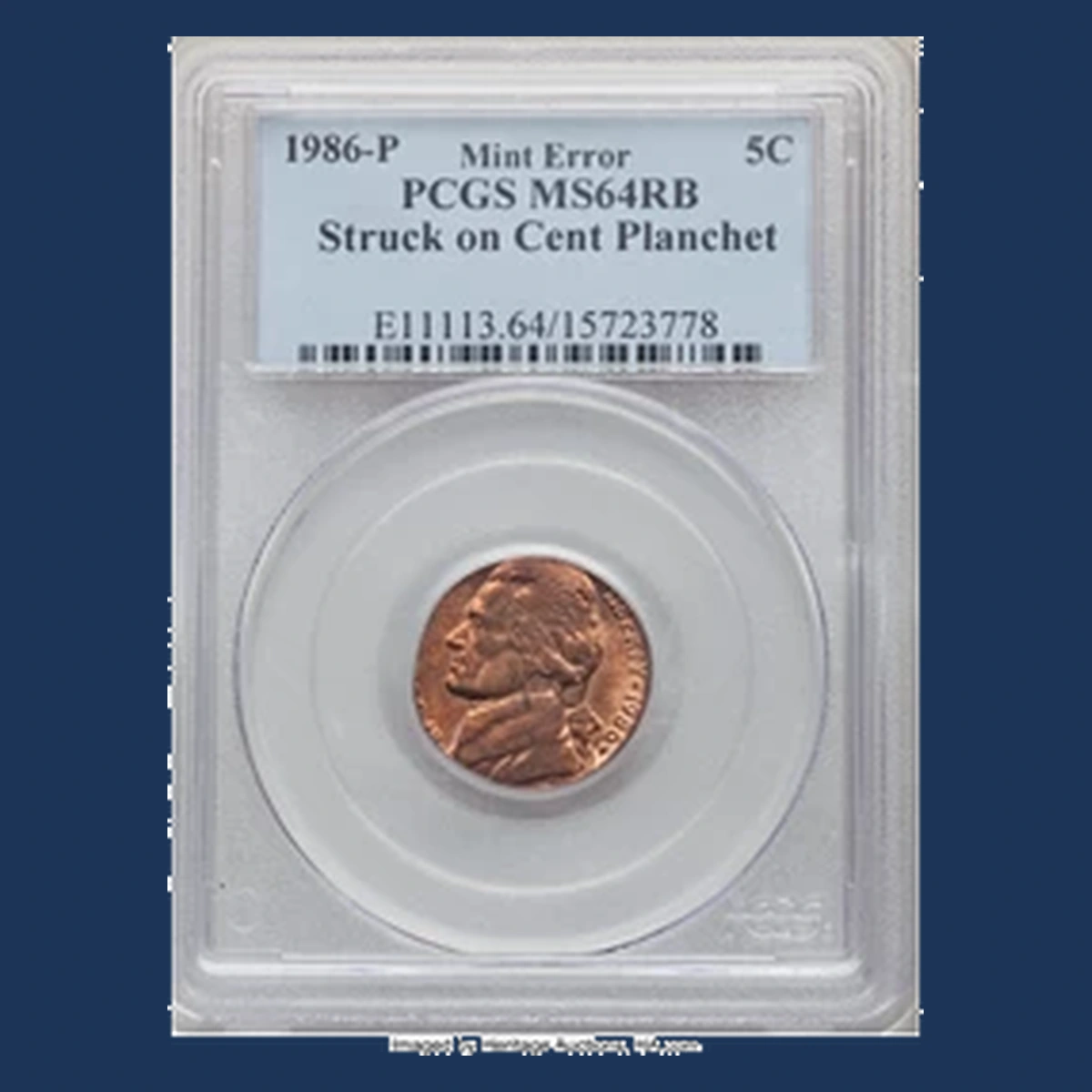 1986 Jefferson Nickel: nickel design struck on a cent blank