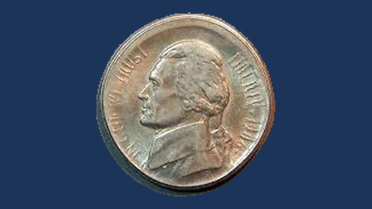 1986 Jefferson Nickel: centered broadstrike