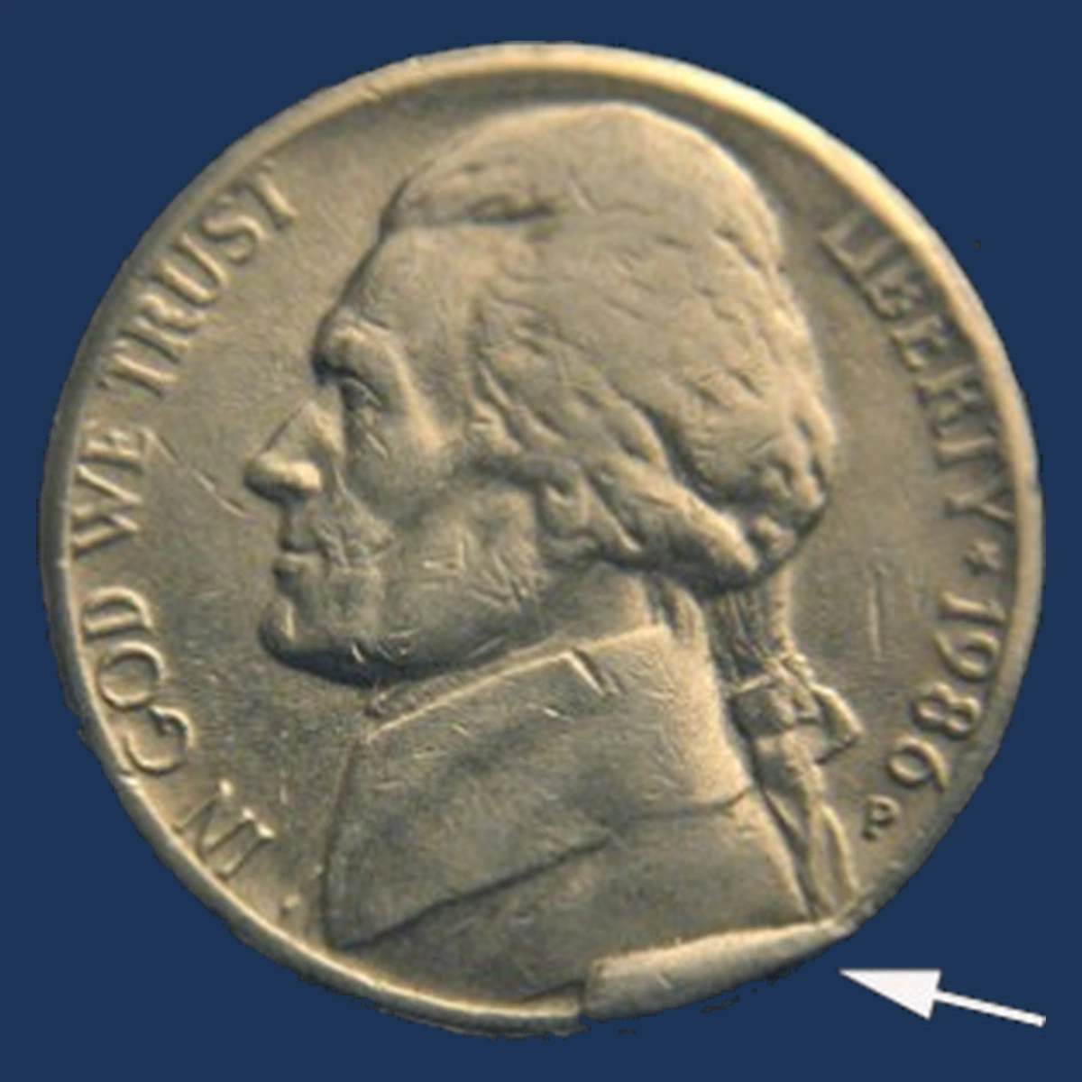 1986 Jefferson Nickel: Die Break