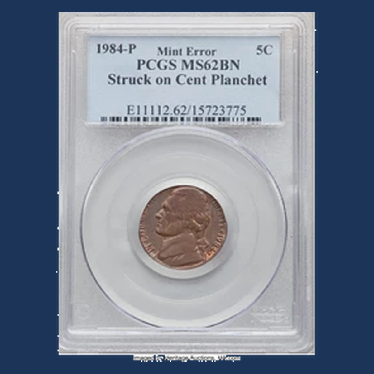 1984 Jefferson Nickel: Struck on cent planchet