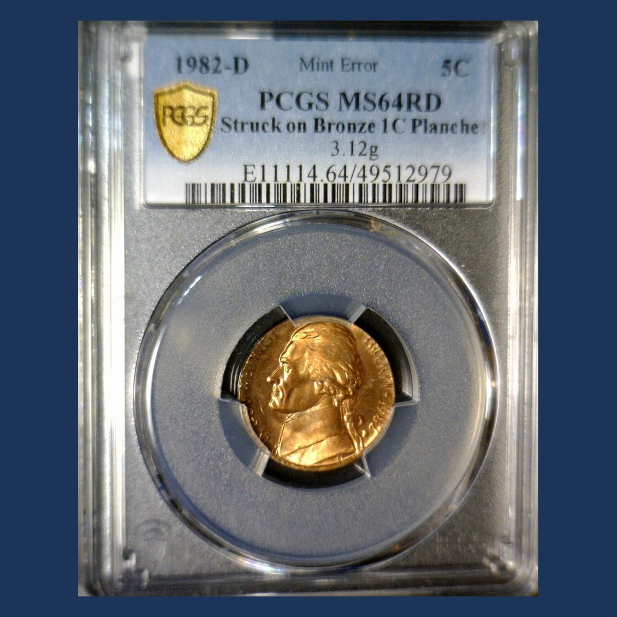 1982 Jefferson Nickel: Struck on cent planchet