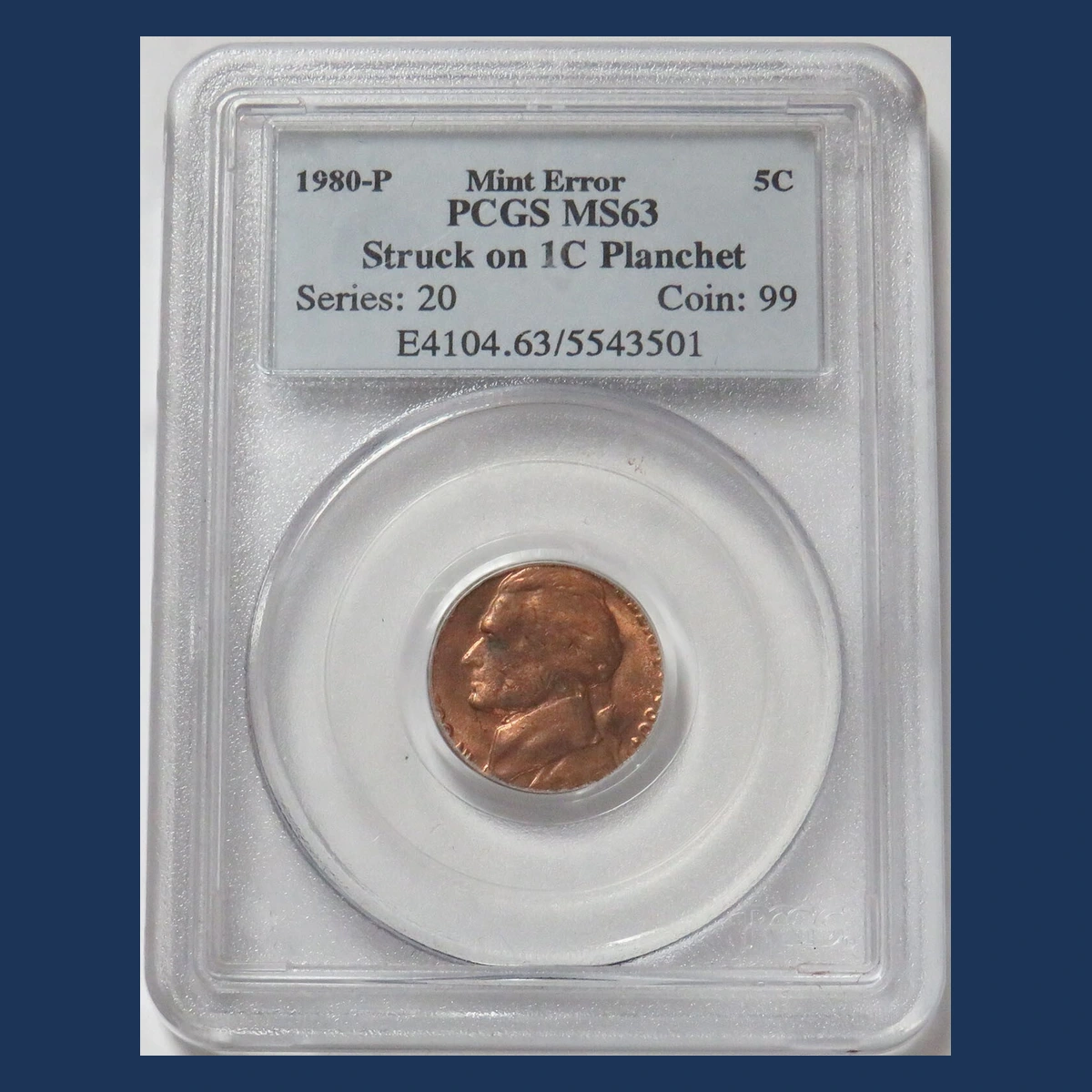 1980 Jefferson Nickel: Struck on cent blank