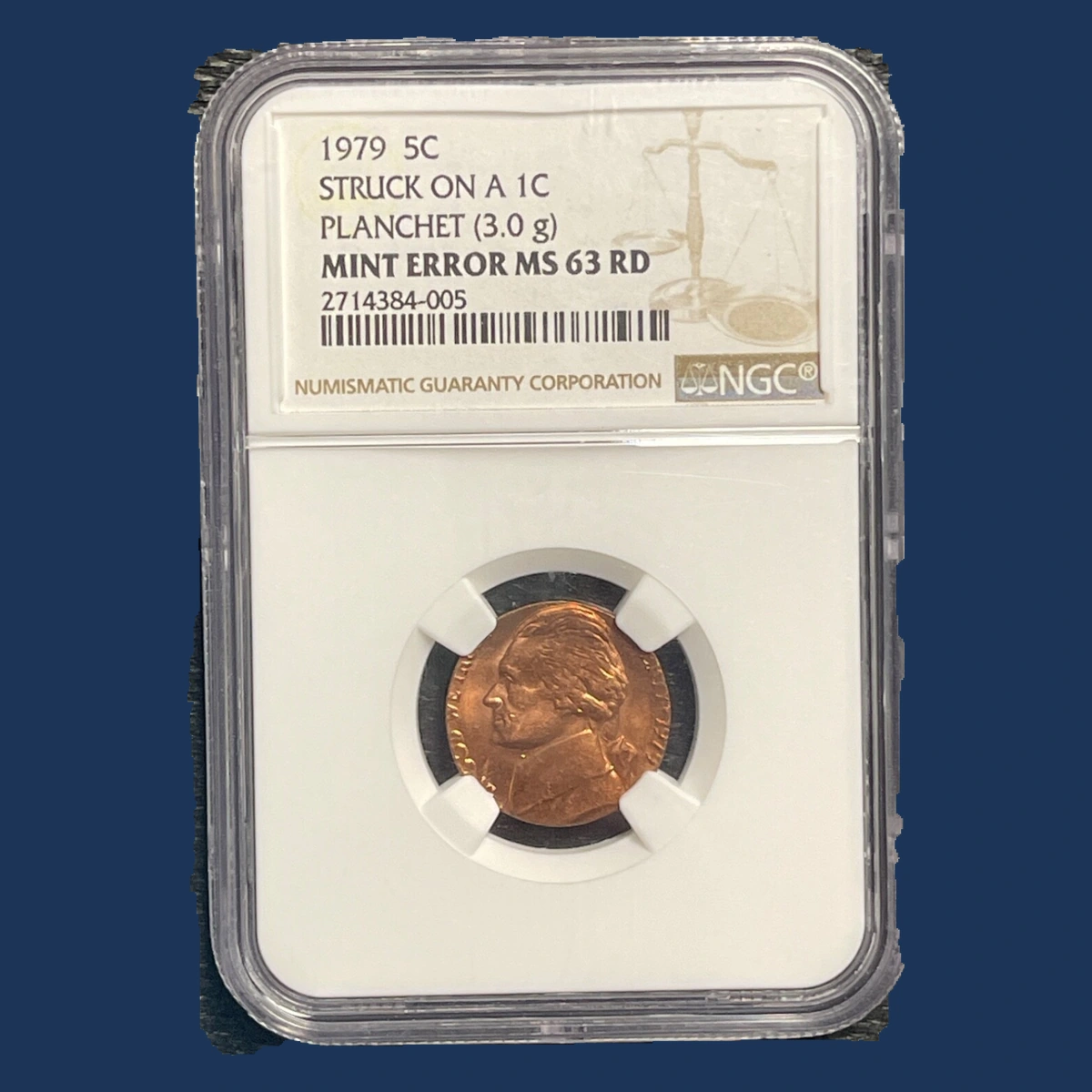1979 Jefferson Nickel: Struck on cent blank
