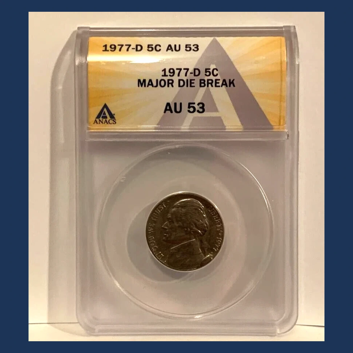 1977 Jefferson Nickel: Die Crack / Die Chip