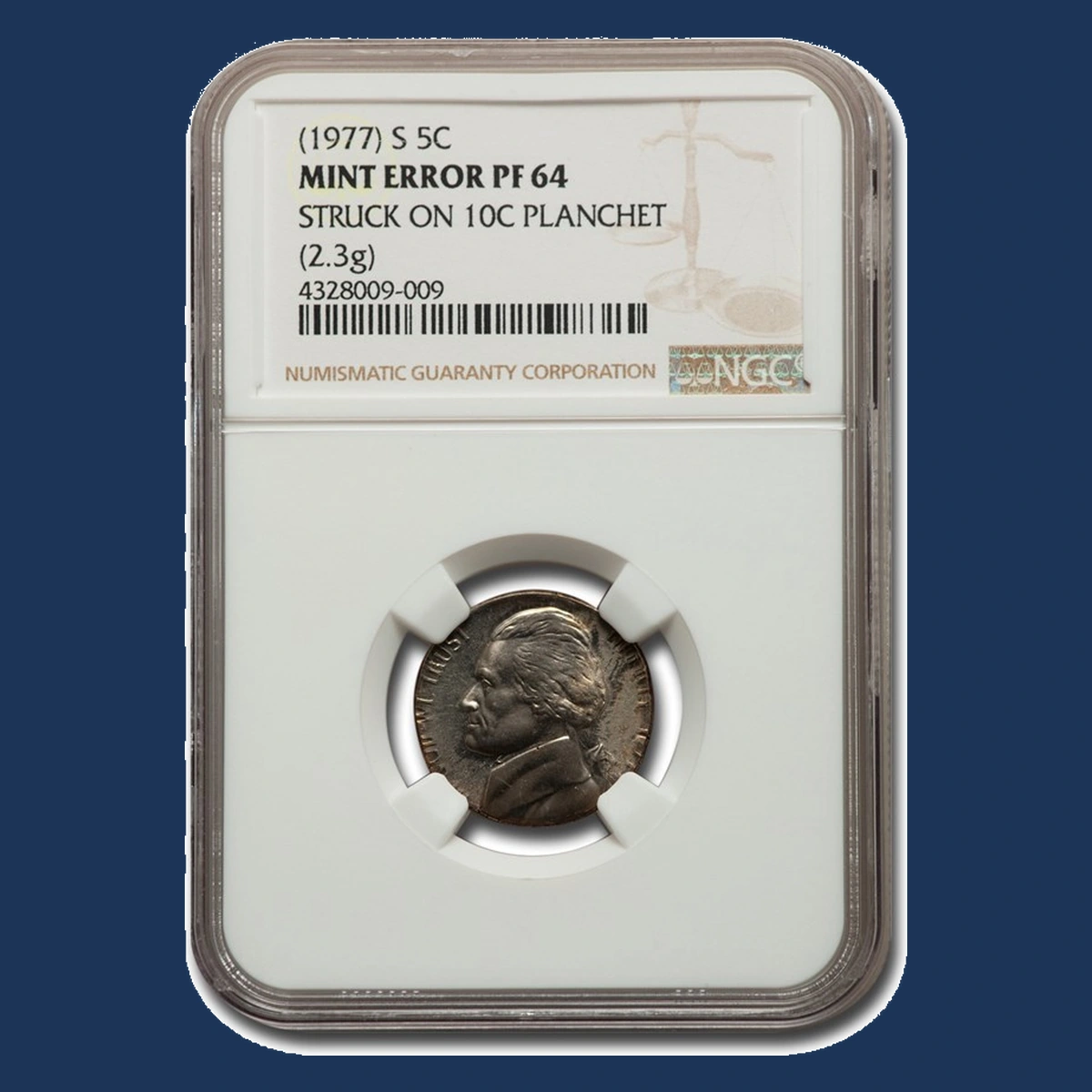 1977 Jefferson Nickel: Proof struck on clad dime blank