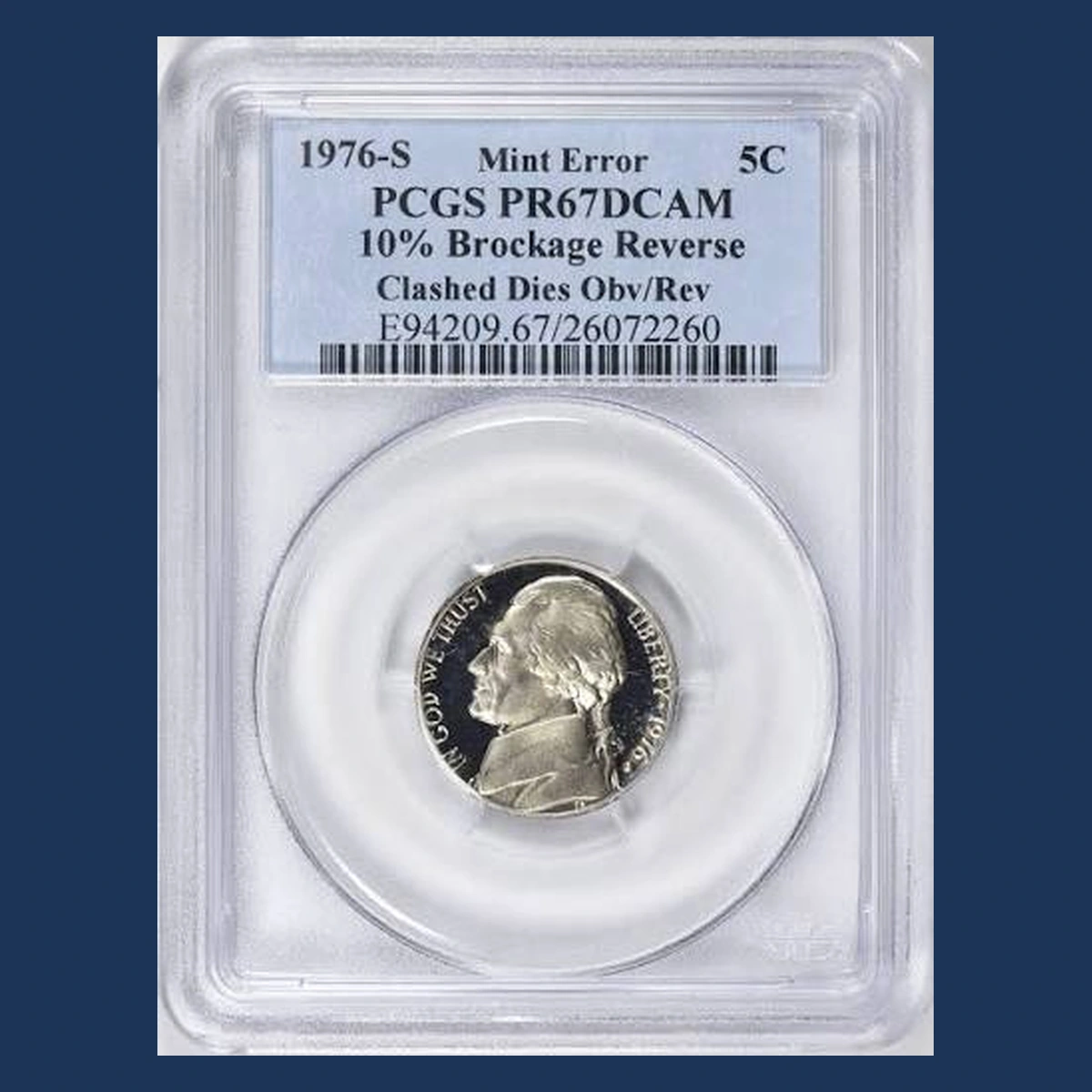 1976 Jefferson Nickel: proof brockage with die clash