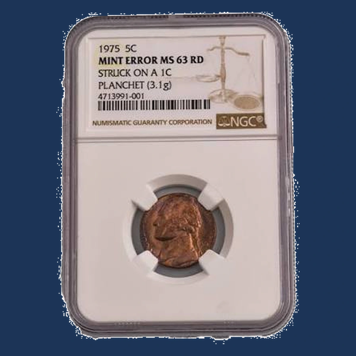 1975 Jefferson Nickel: Struck on cent planchet