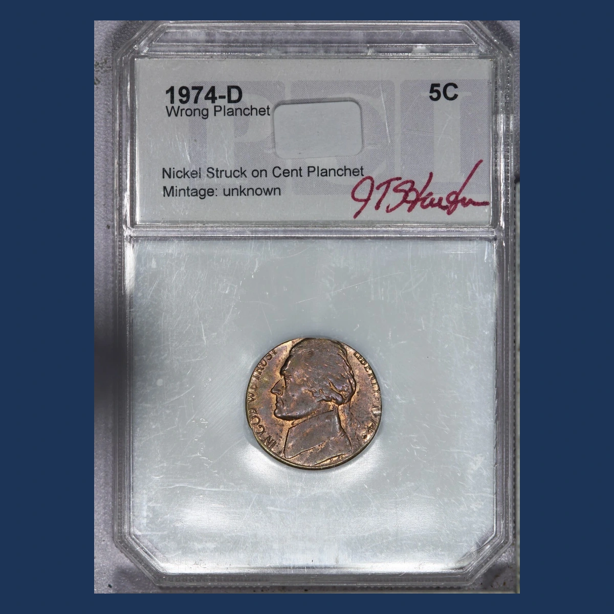 1974 Jefferson Nickel: Struck on cent planchet