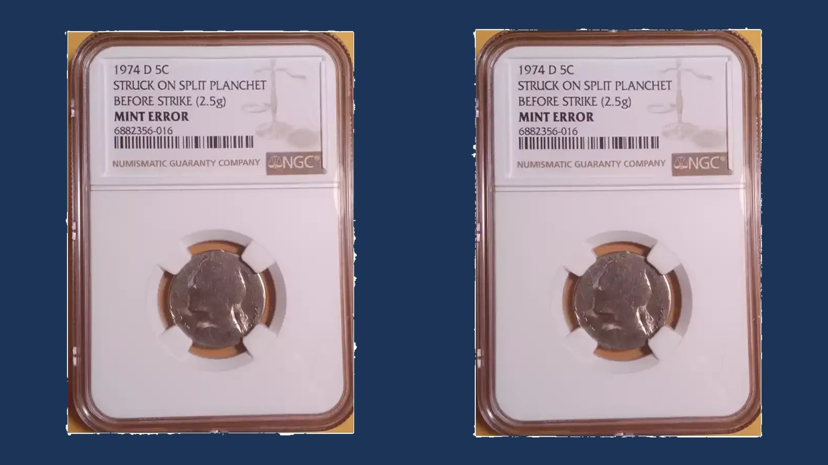 1974 Jefferson Nickel: Split planchet before striking