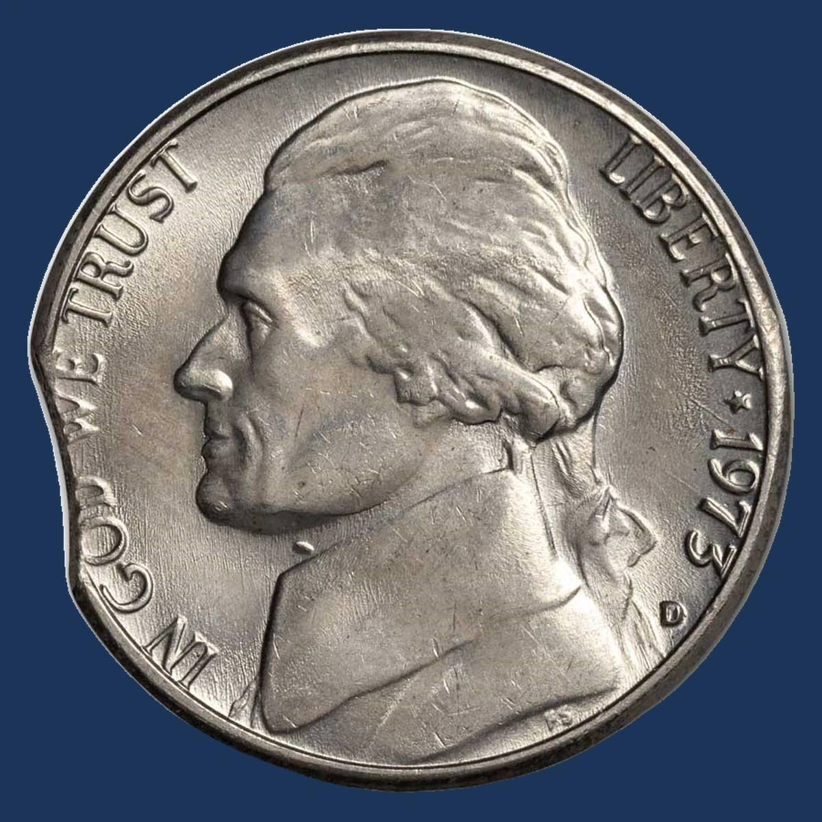 1973 Jefferson Nickel: Clipped Planchet
