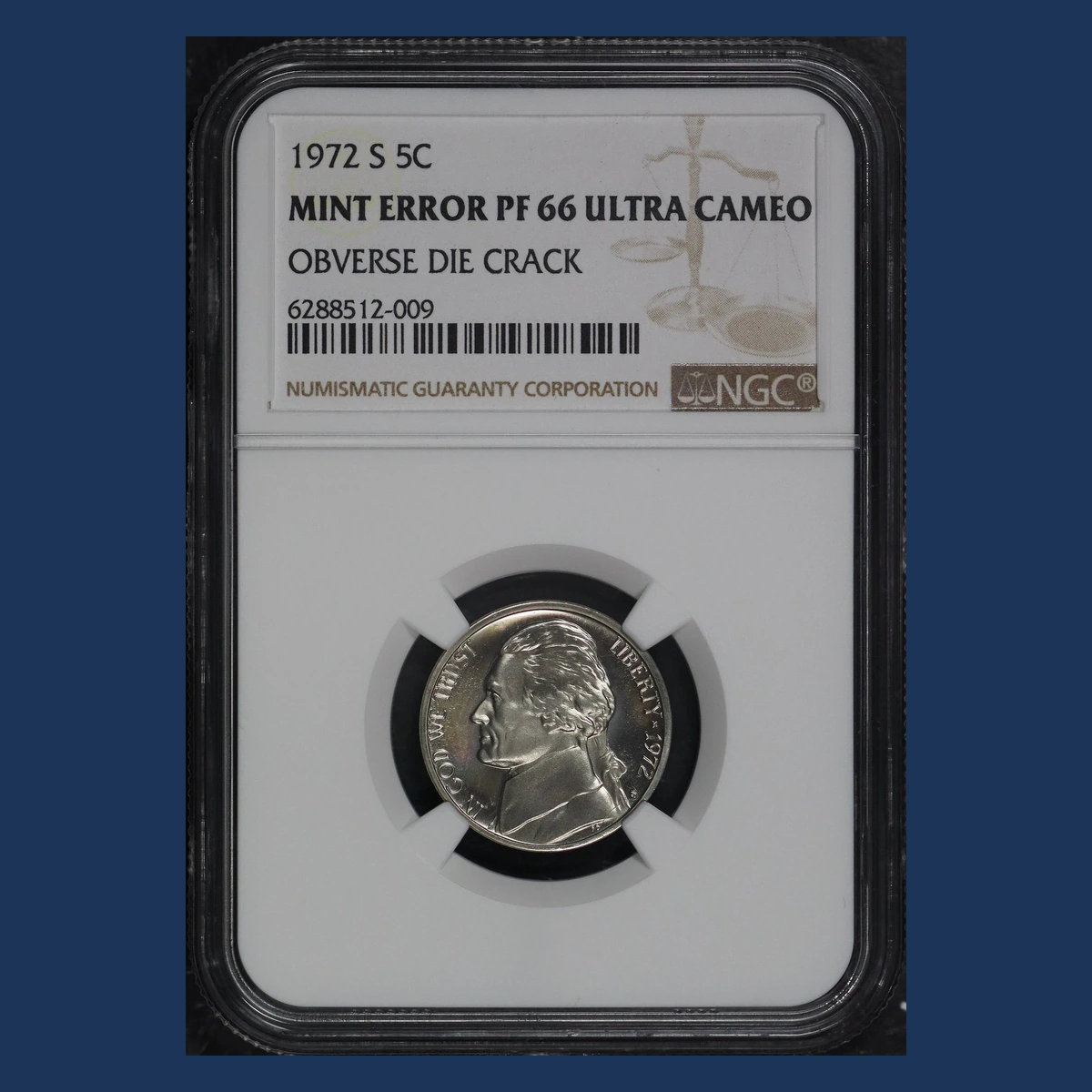 1972 Jefferson Nickel: Die Crack / Die Chip