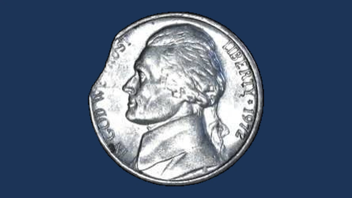 1972 Jefferson Nickel: curved clip