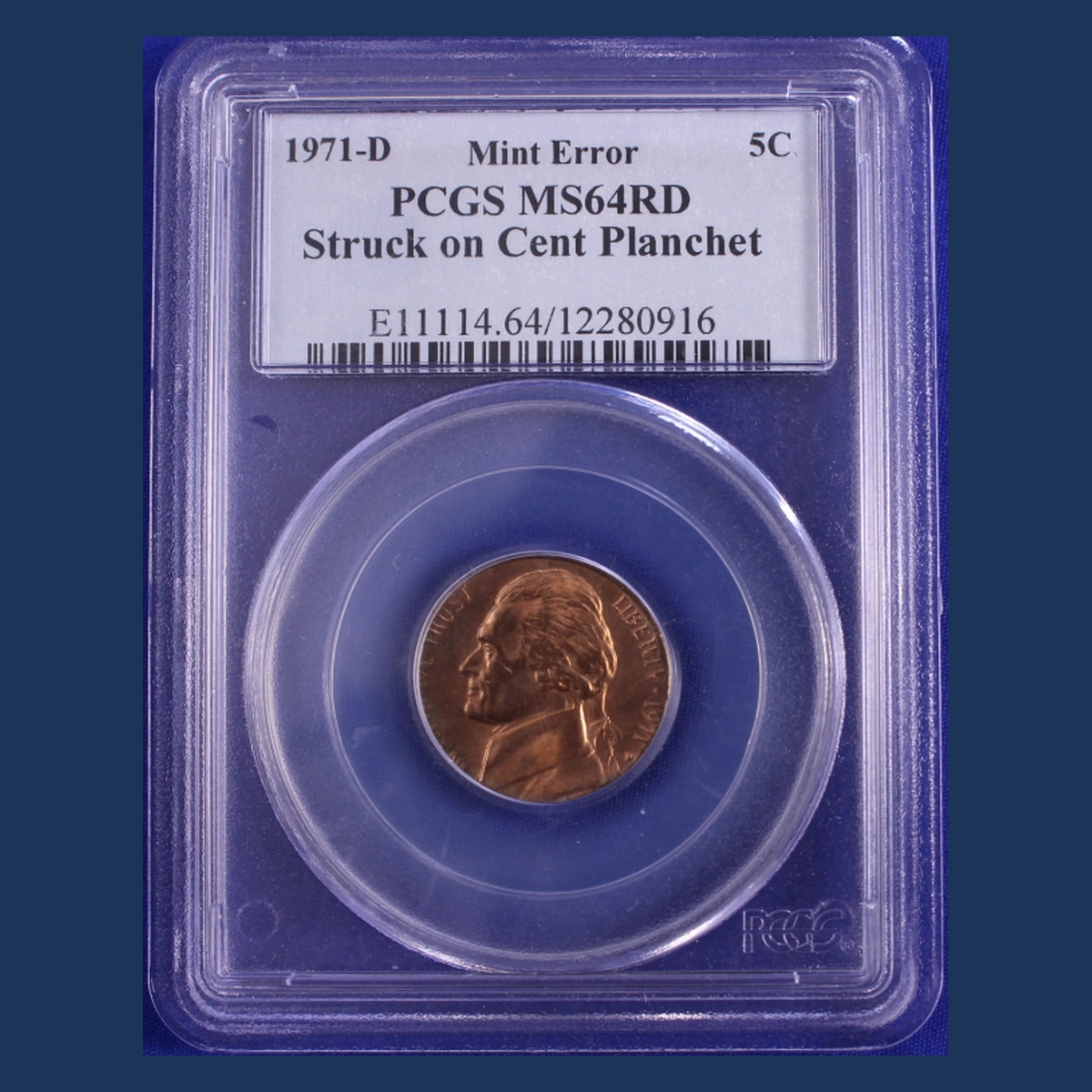 1971 Jefferson Nickel: strike on a cent blank