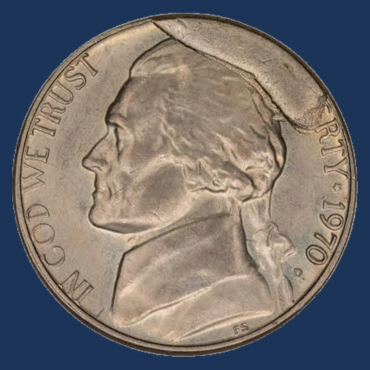 1970 Jefferson Nickel: Obverse die break