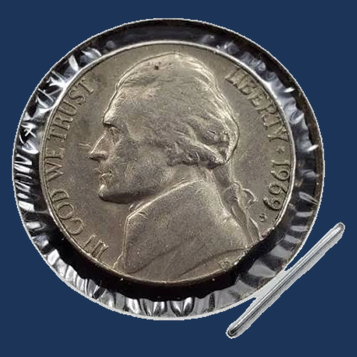 1969 Jefferson Nickel: Clipped Planchet