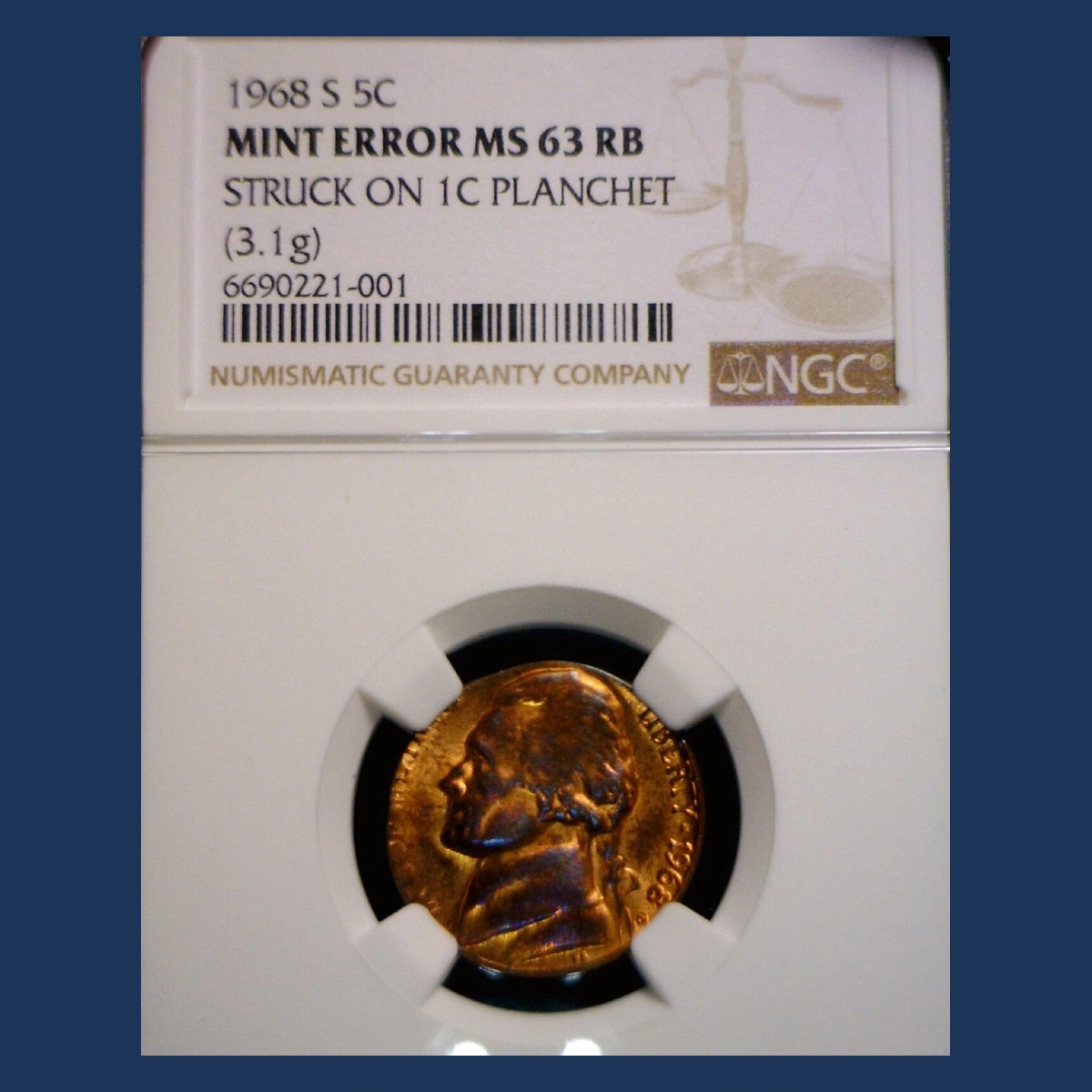 1968 Jefferson Nickel: Business strike on cent blank