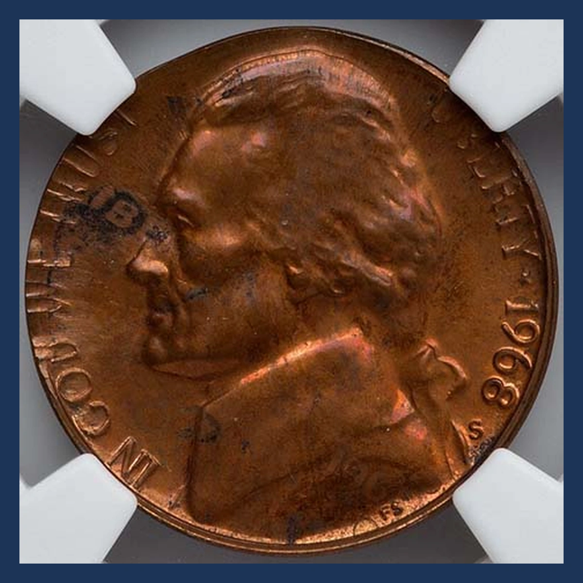 1968 Jefferson Nickel: Nickel struck over a struck cent