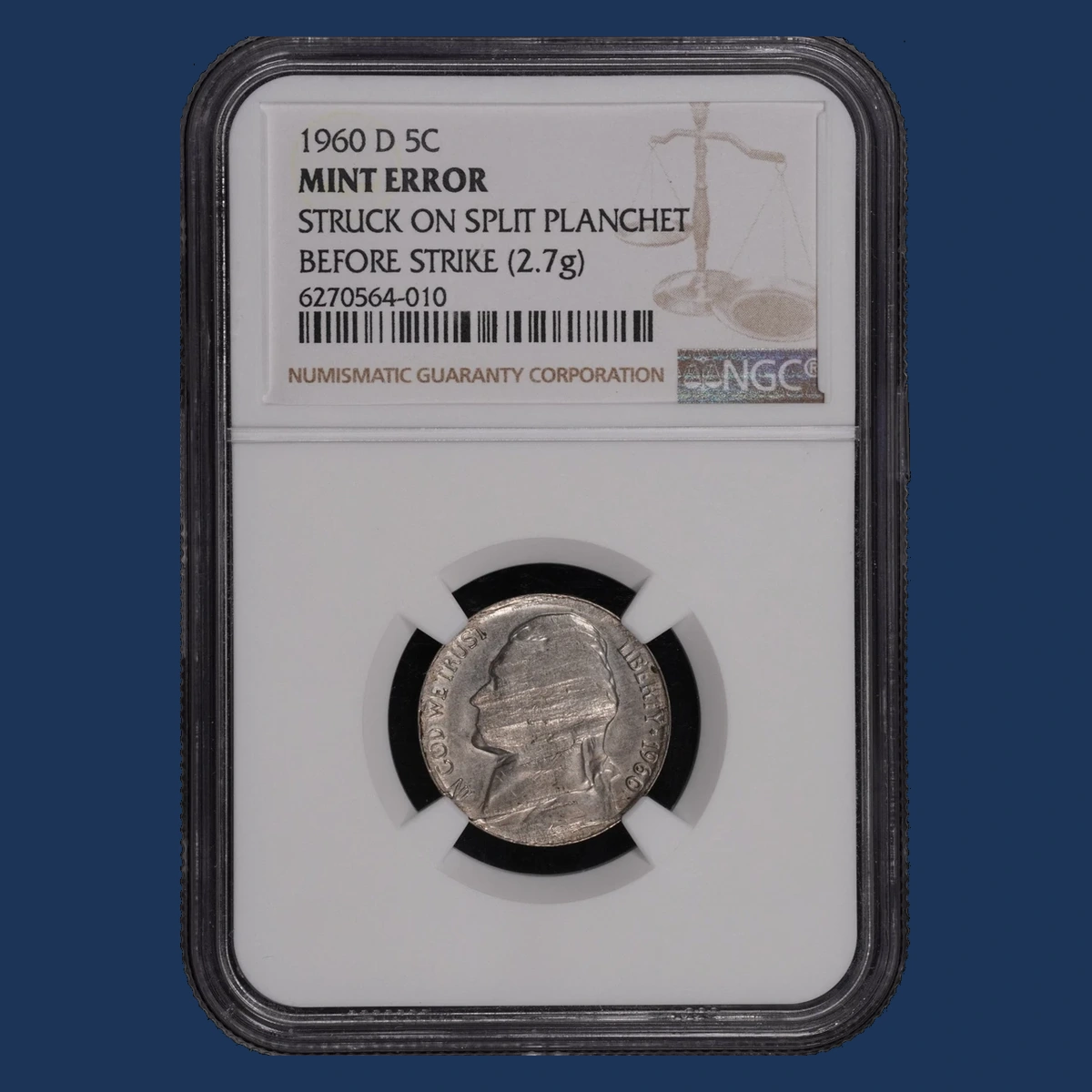 1960 Jefferson Nickel: Split planchet before strike