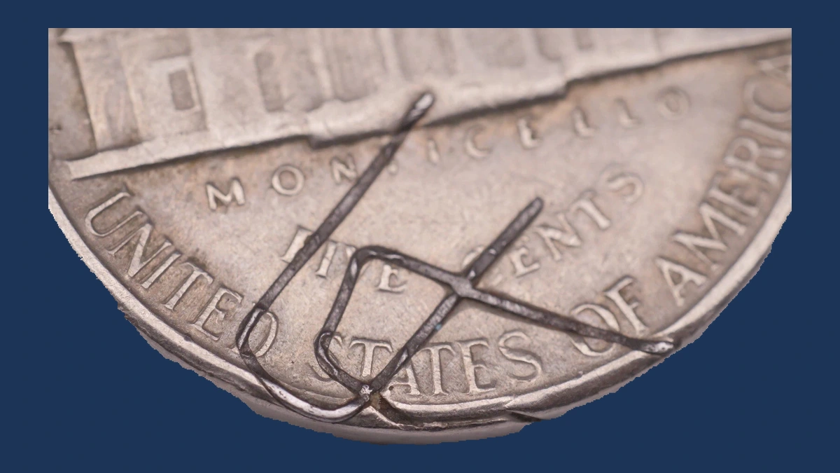 1959 Jefferson Nickel: Staple struck into reverse