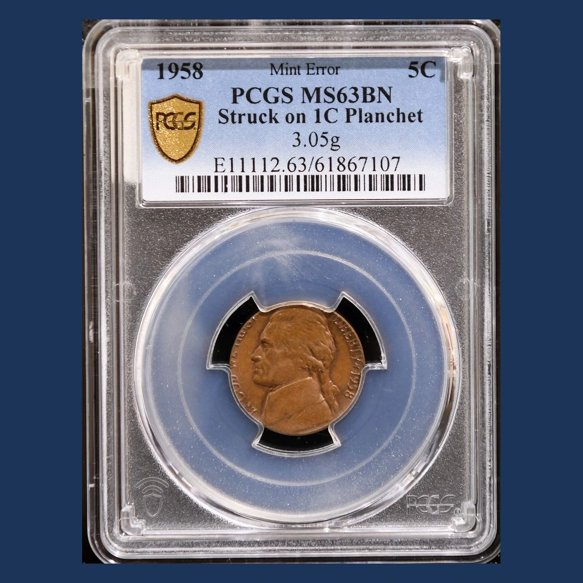 1958 Jefferson Nickel: Struck on a cent planchet