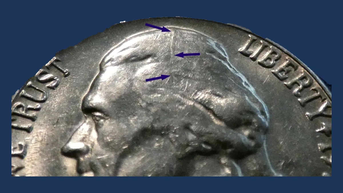 1958 Jefferson Nickel: Die Crack / Die Chip