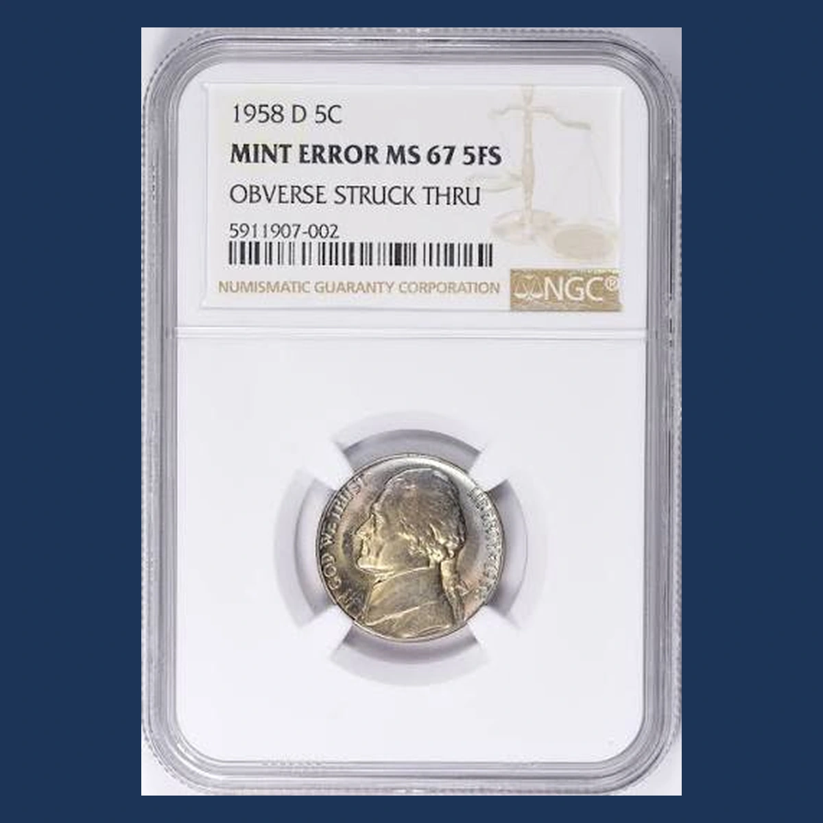 1958 Jefferson Nickel: Struck-Through Error