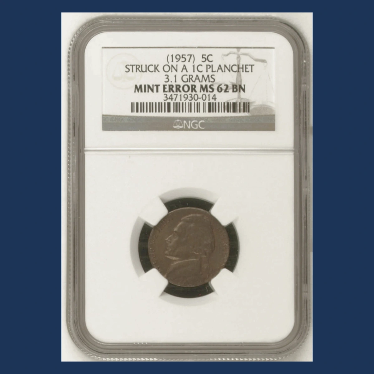 1957 Jefferson Nickel: Struck on a cent planchet