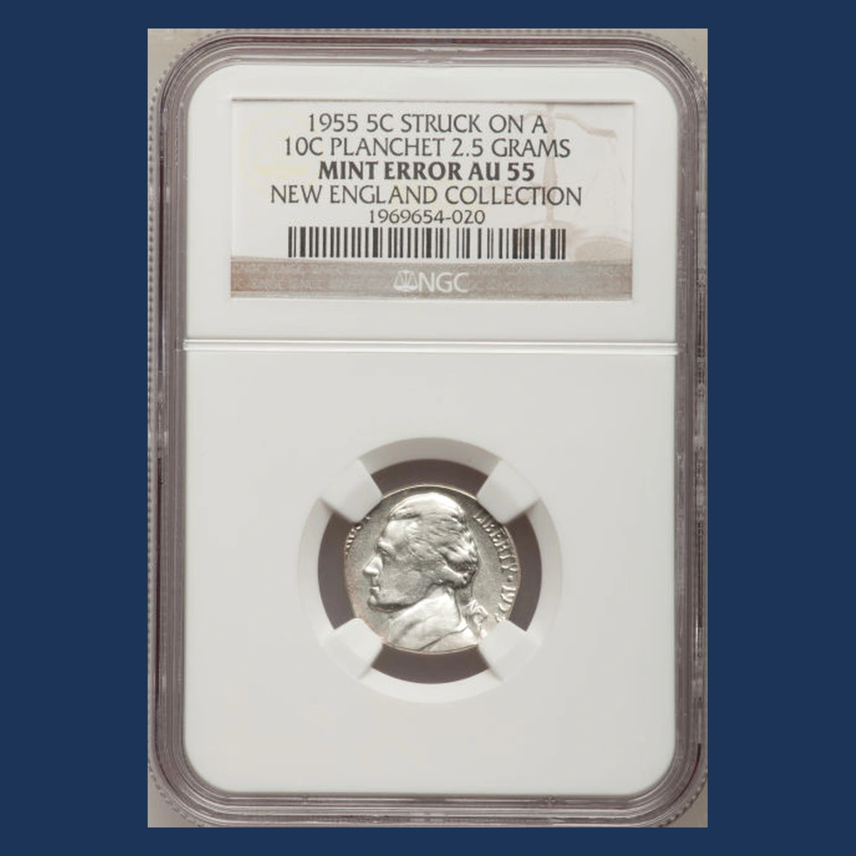 1955 Jefferson Nickel: Struck on a silver dime planchet