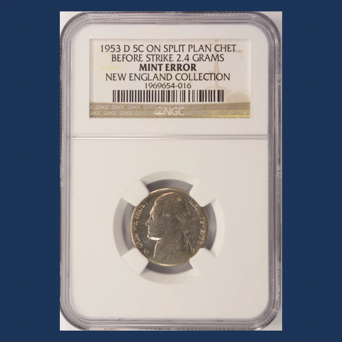 1953 Jefferson Nickel: Split planchet before strike