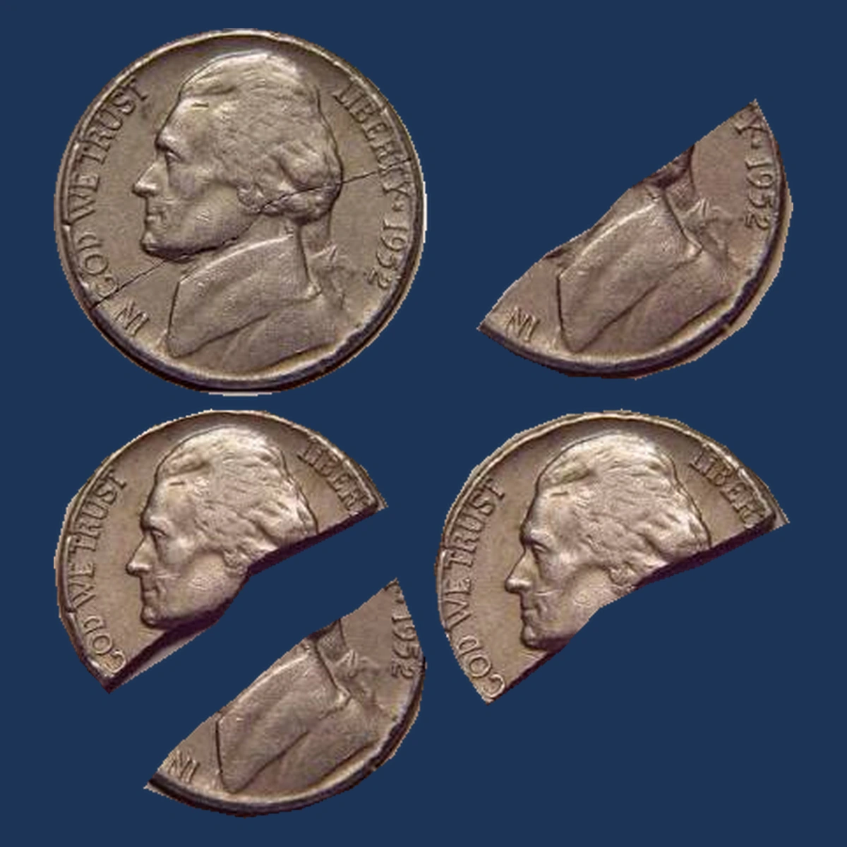 1952 Jefferson Nickel: blank broken into two pieces