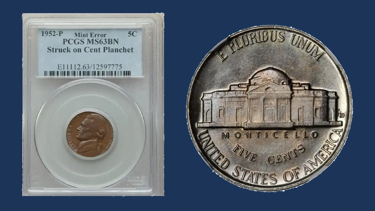 1952 Jefferson Nickel: Struck on a cent planchet