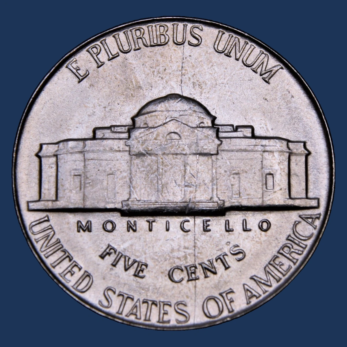 1950 Jefferson Nickel: Reverse die crack