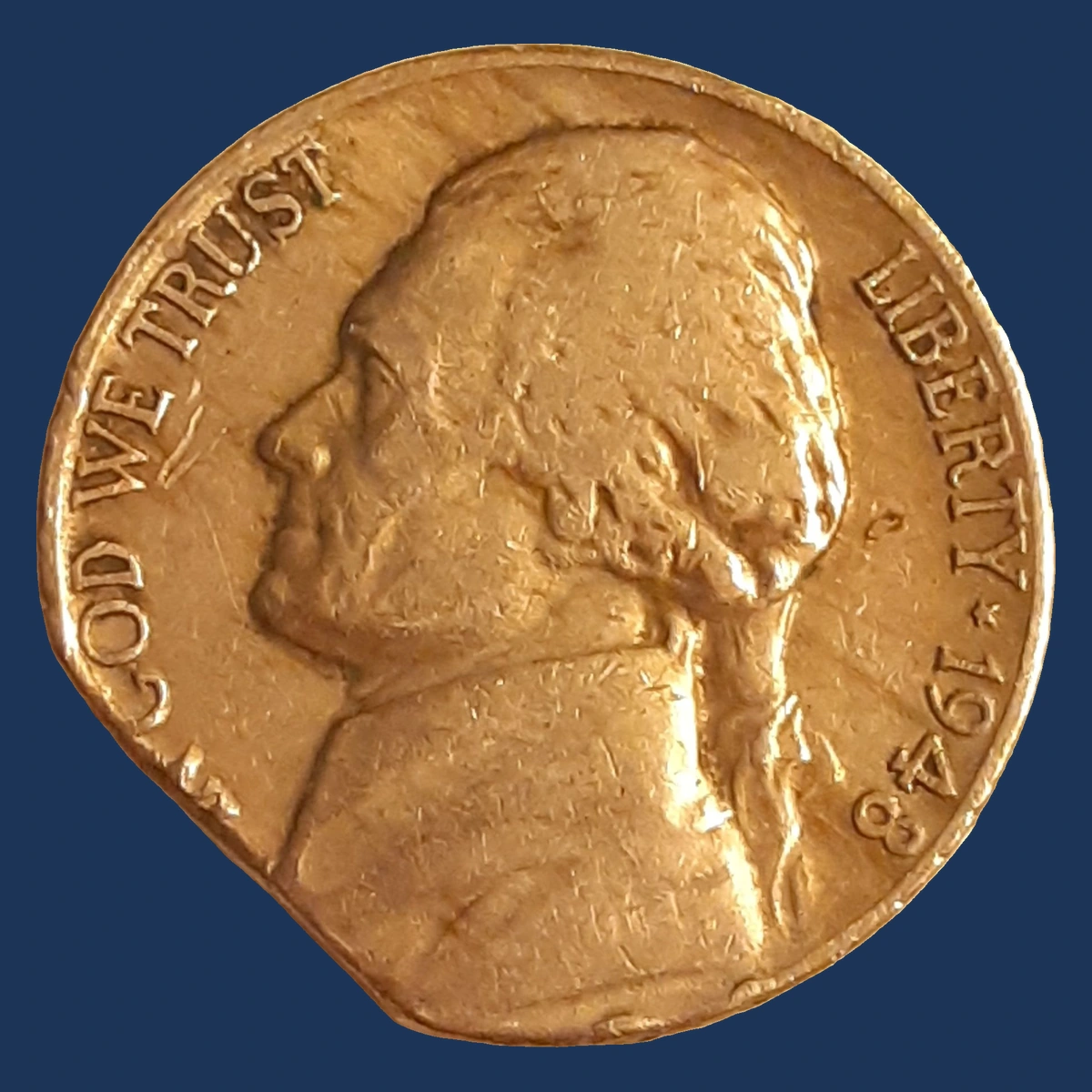1948 Jefferson Nickel: Clipped Planchet