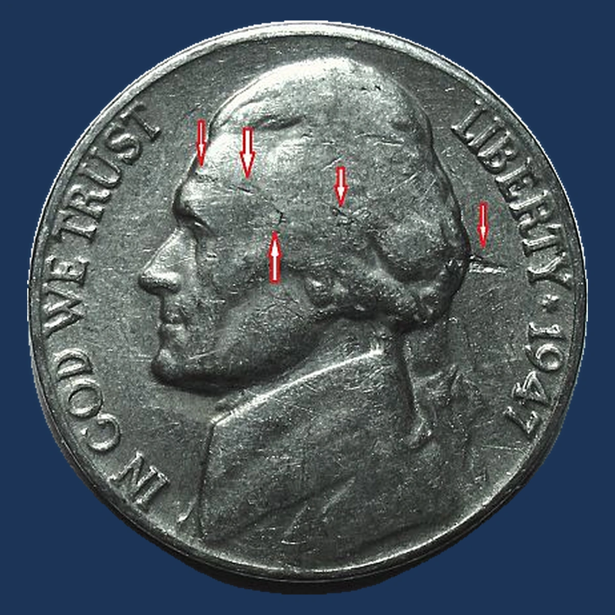 1947 Jefferson Nickel: Obverse lamination