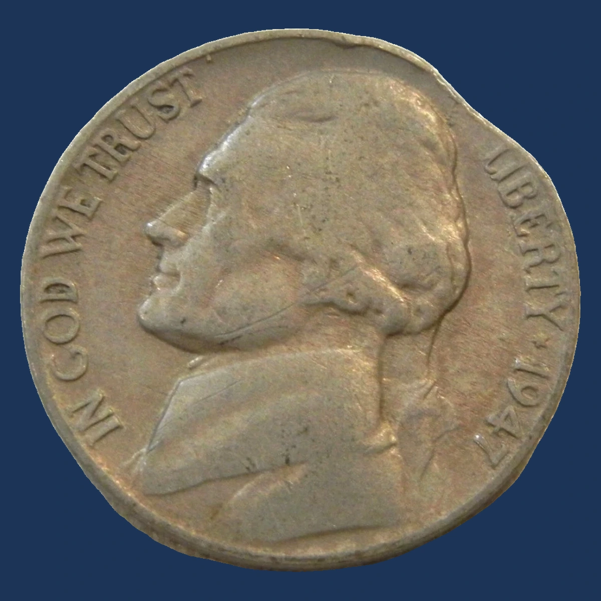 1947 Jefferson Nickel: Clipped Planchet