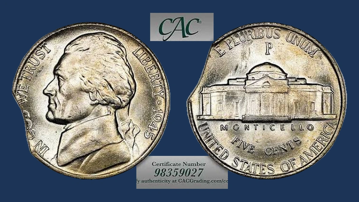 1945 Jefferson Nickel: Clipped Planchet