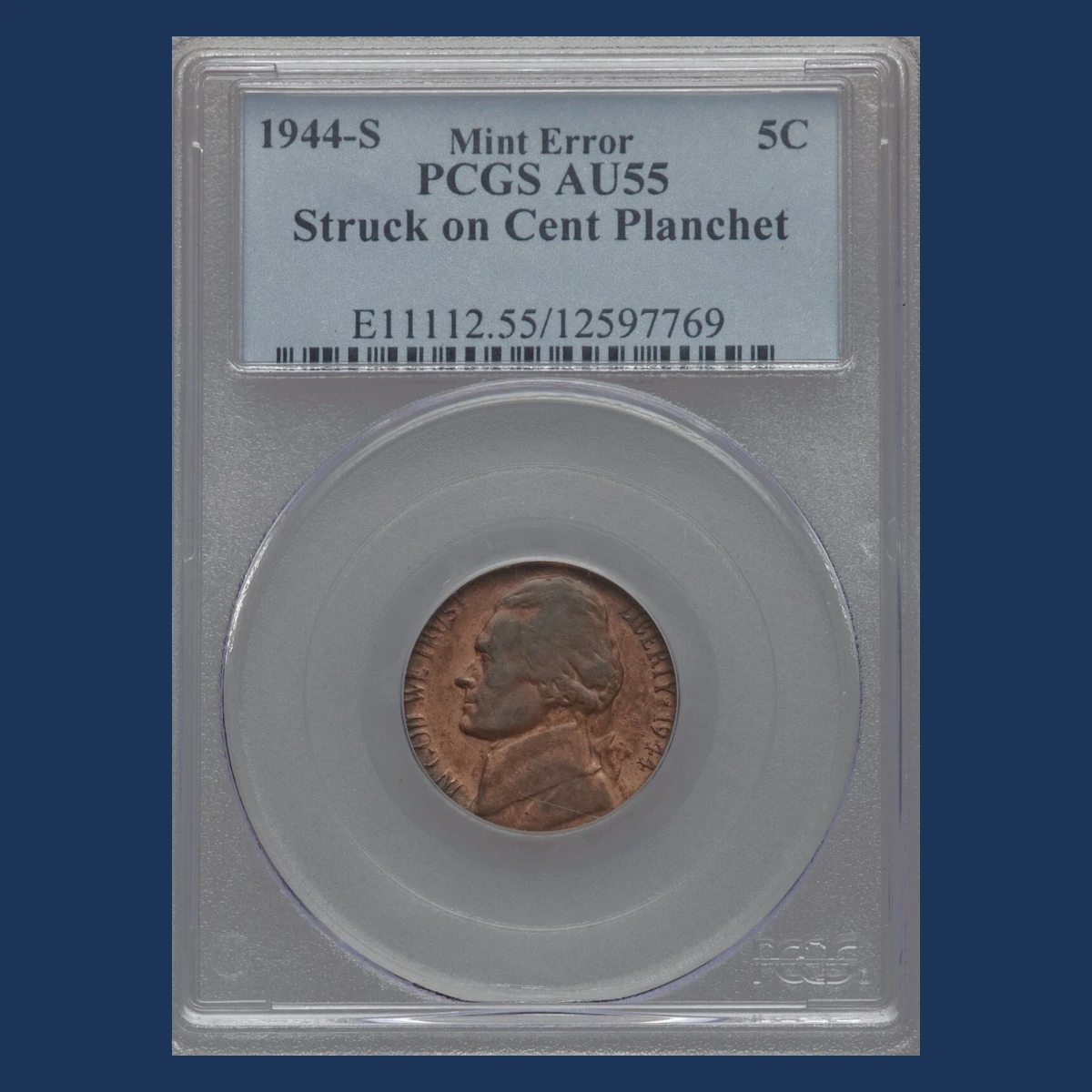 1944 Jefferson Nickel: Struck on a cent planchet