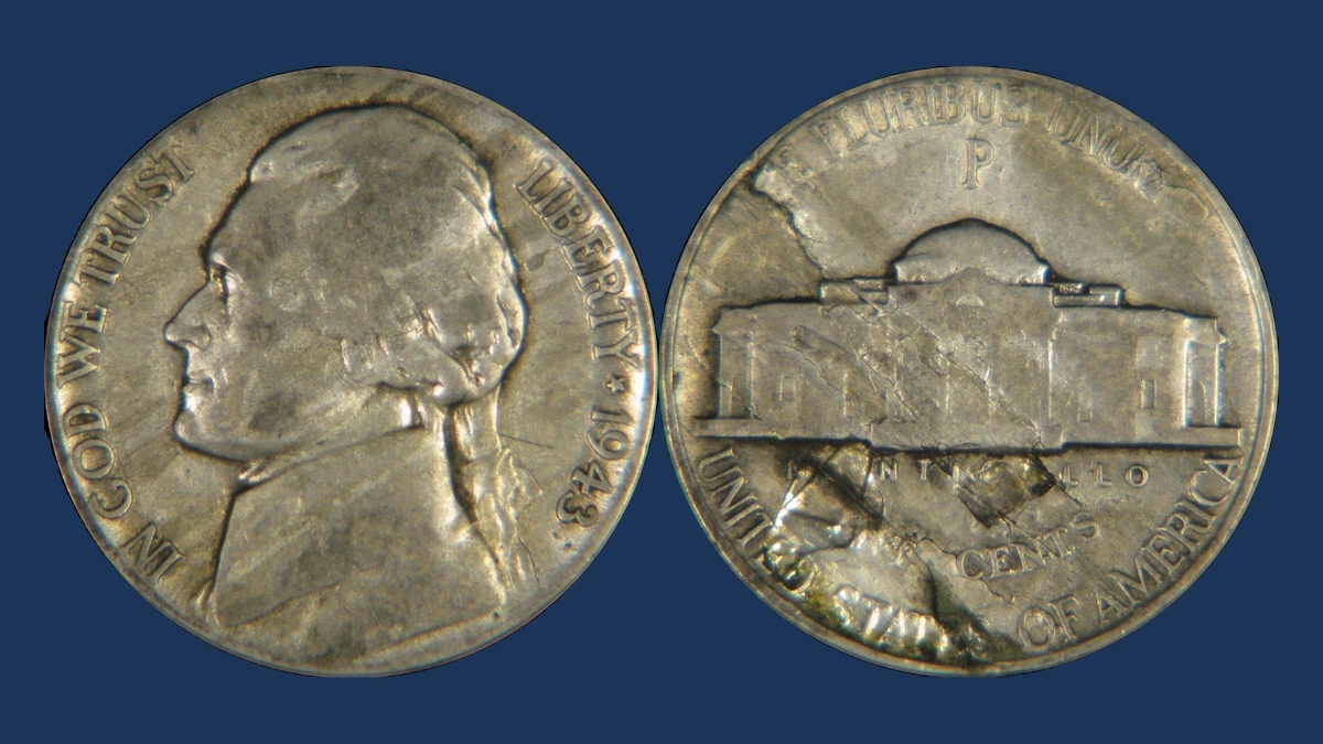 1943 Jefferson Nickel: Lamination / Split Planchet