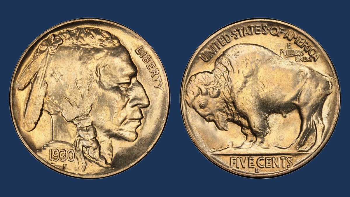 1930 Buffalo Nickel: Two Feathers / Abraded Third Feather