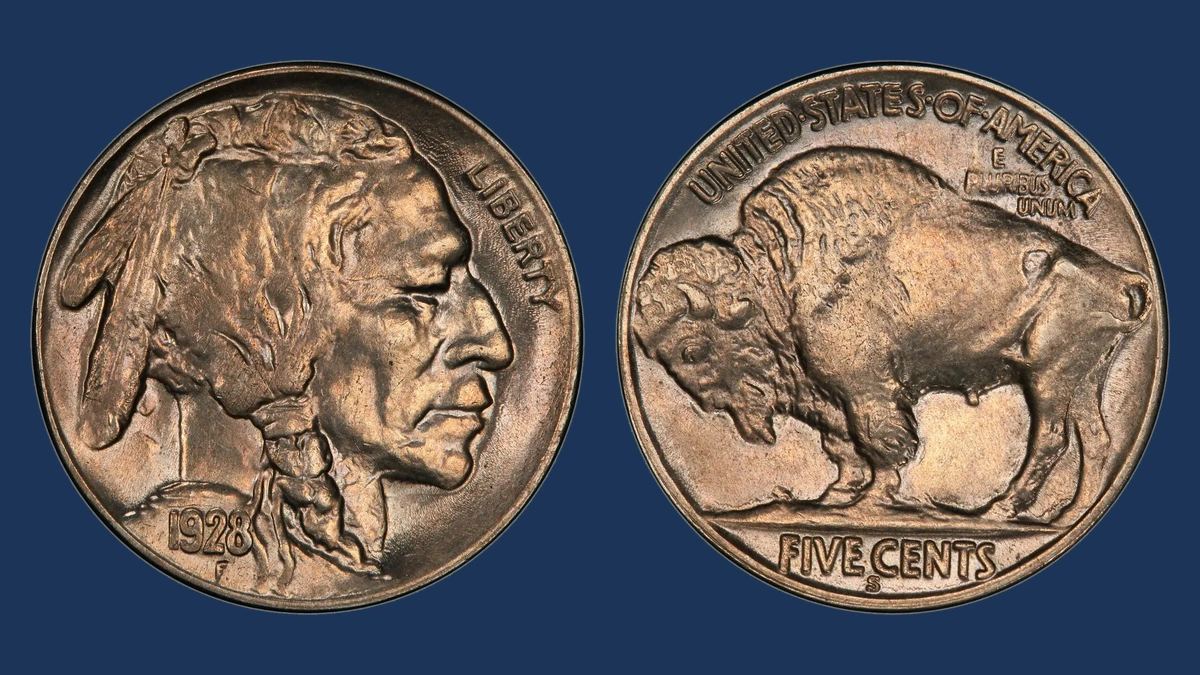 1928 Buffalo Nickel: Two Feathers / Abraded Third Feather