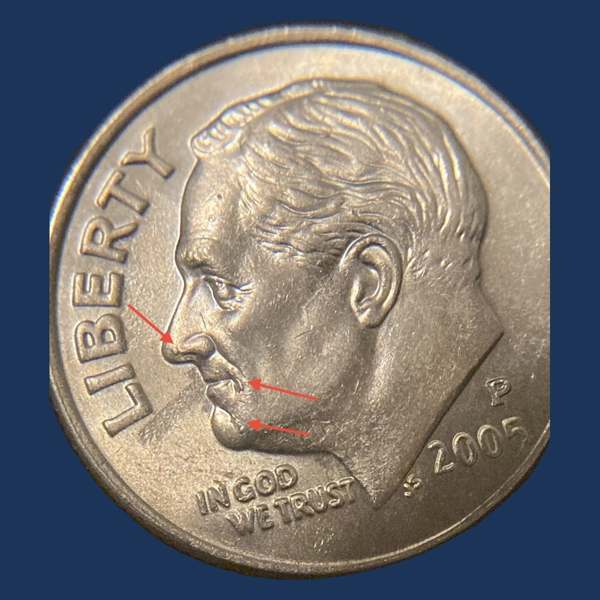 2005 Roosevelt Dime: Die Crack / Die Chip