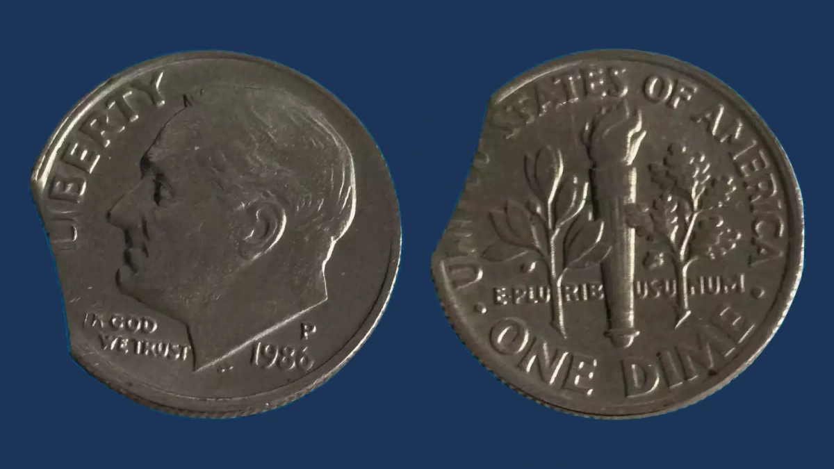 1986 Roosevelt Dime: Clipped Planchet