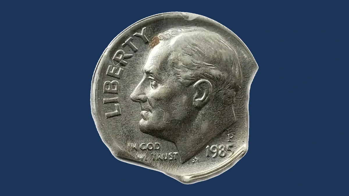 1985 Roosevelt Dime: Clipped Planchet