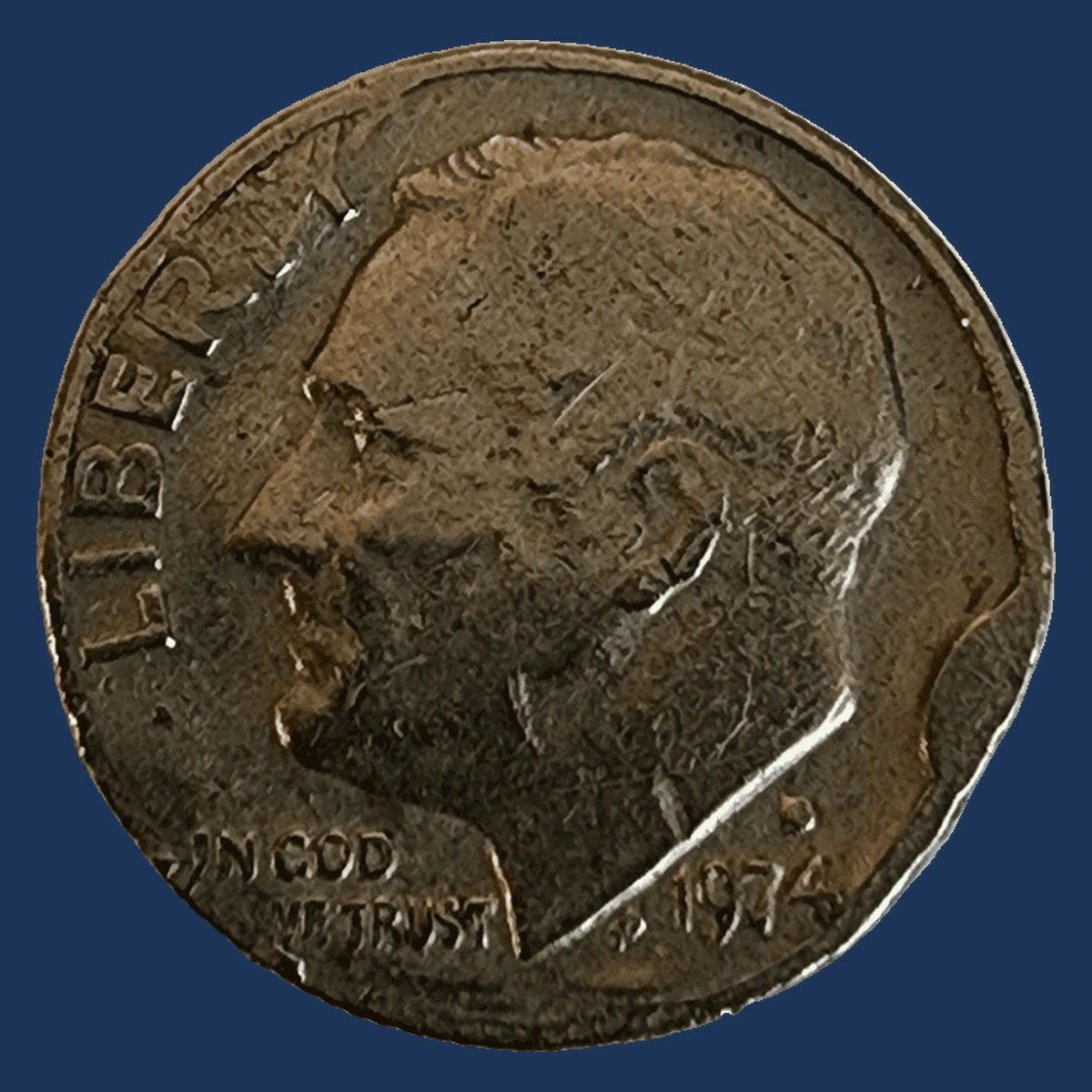 1974 Roosevelt Dime: Struck Through