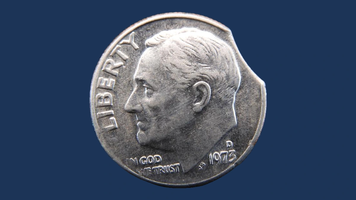 1973 Roosevelt Dime: Clipped Planchet